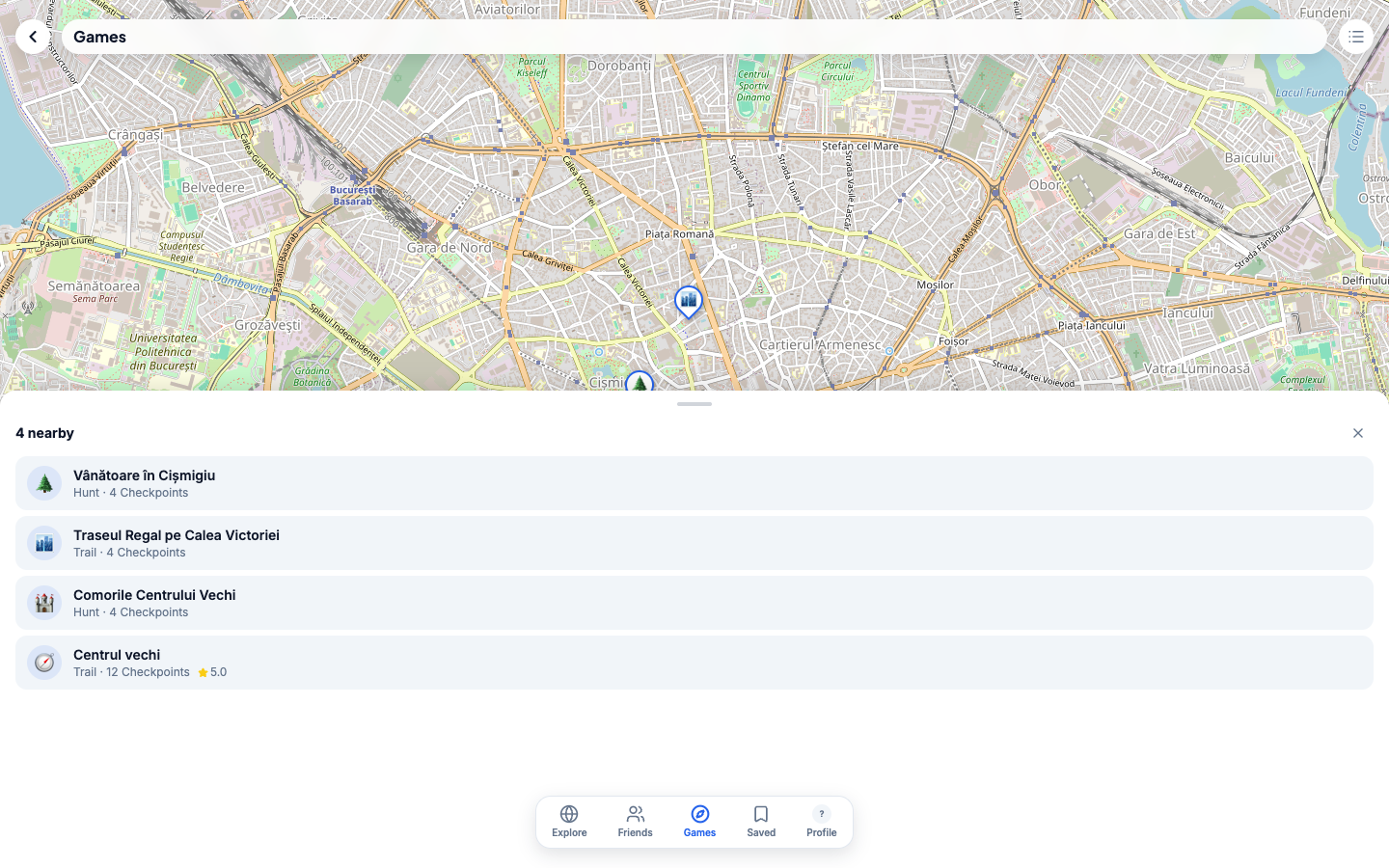 A secção Games — caças ao tesouro ("Hunt") e percursos ("Trail") com pontos de controlo, apresentados no mapa junto do utilizador.